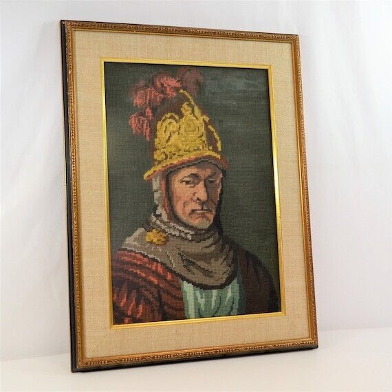 Needlepoint Man with Golden Helmet Rembrandt Painting Vintage Tapestry Knight