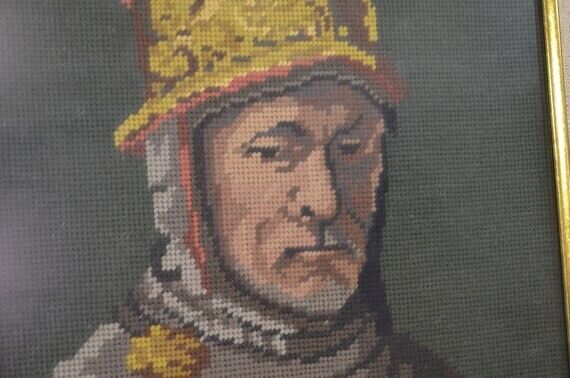 Needlepoint Man with Golden Helmet Rembrandt Painting Vintage Tapestry Knight