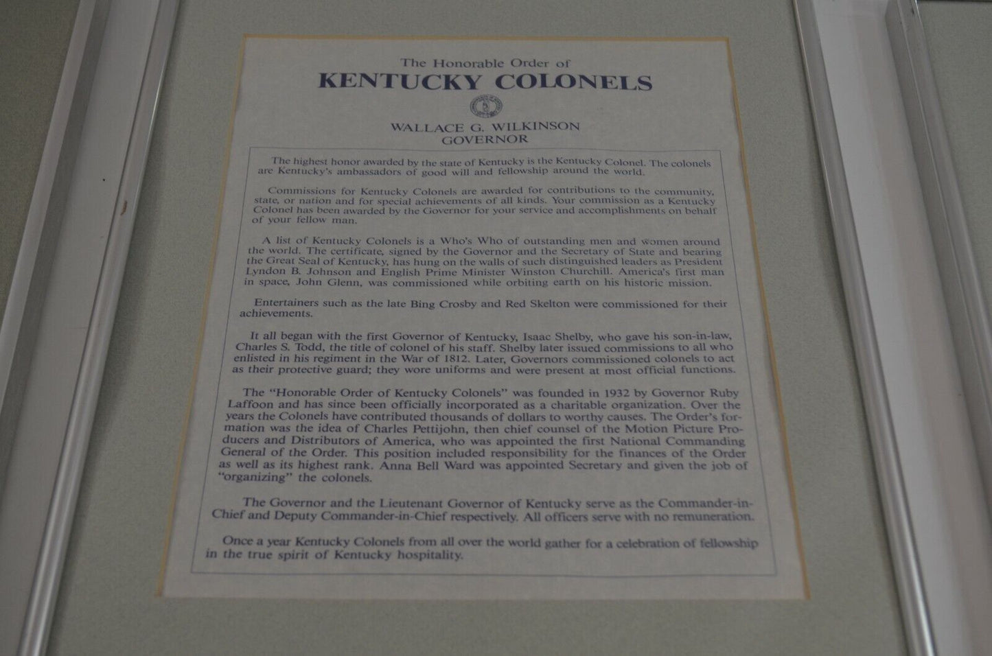 Honorable Order Kentucky Colonels Framed Membership Certificate & Documents 1991