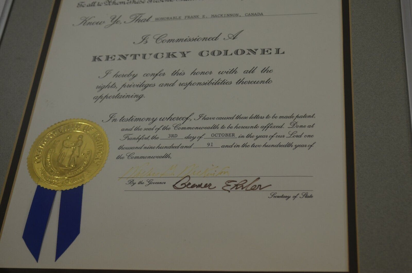 Honorable Order Kentucky Colonels Framed Membership Certificate & Documents 1991