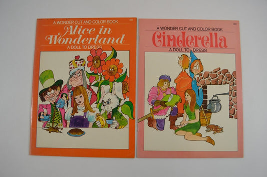 Wonder Cut & Color Paper Doll Books Cinderella Alice in Wonderland Unused Vtg