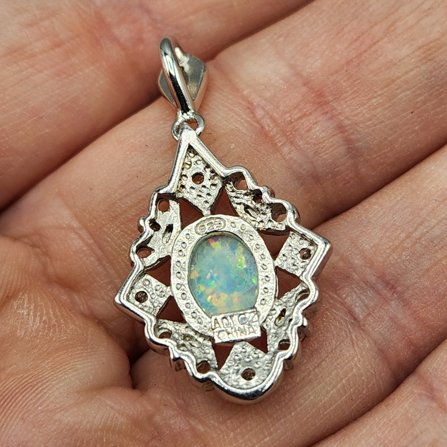 Silver Cubic Zirconia Pendant with Center Opal