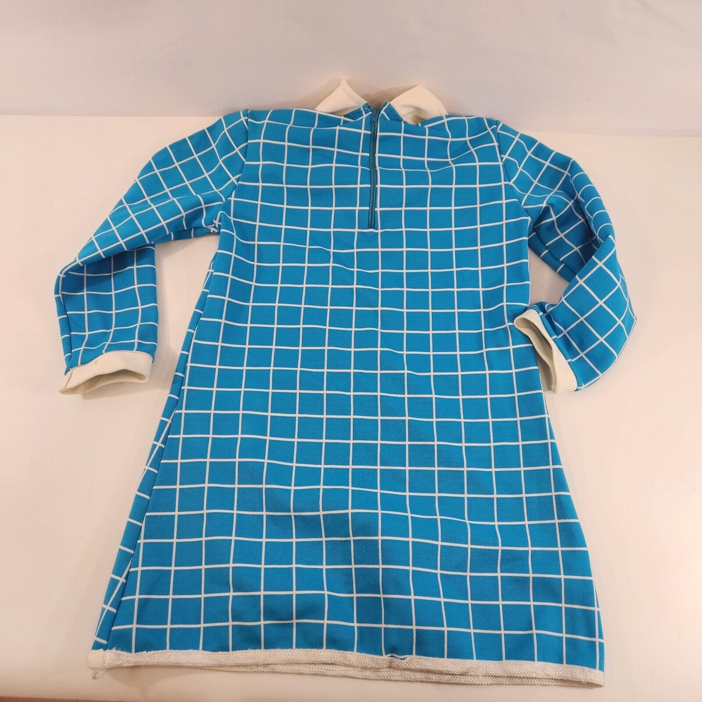 Girls Dress Blue Mod Check Pattern Black & White Collar 1970s 1960s Size 4-5 Vtg