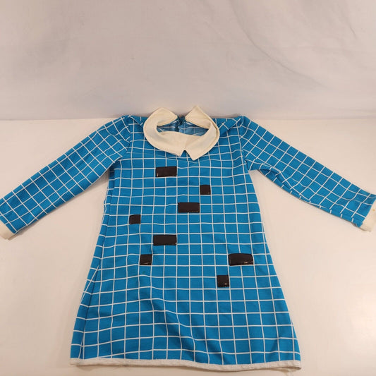 Girls Dress Blue Mod Check Pattern Black & White Collar 1970s 1960s Size 4-5 Vtg